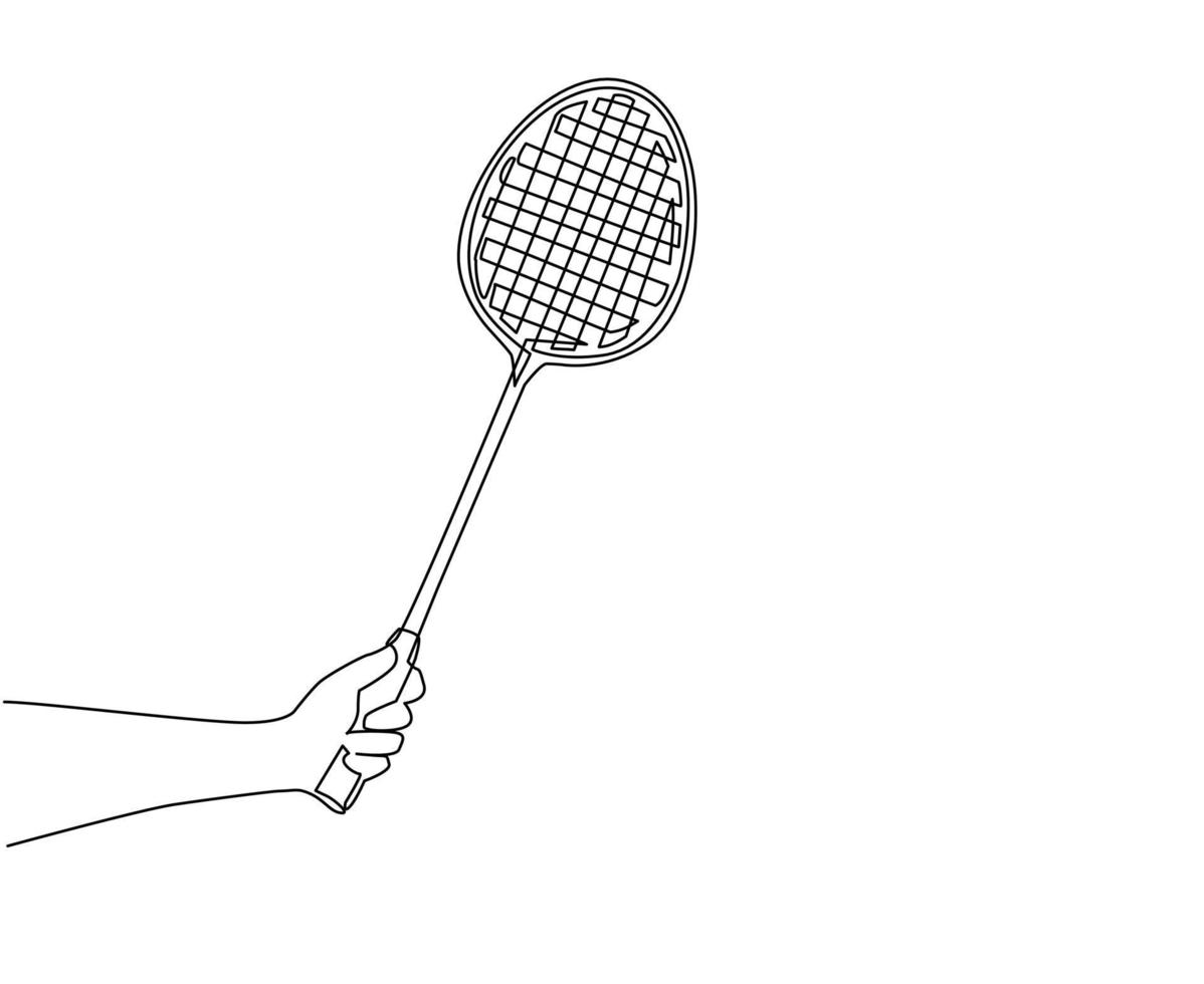main de joueur de dessin en ligne continue unique tenant une raquette de badminton. équipement de sport. raquettes de badminton anciennes. articles de sport pour le championnat. une ligne dessiner illustration vectorielle de conception graphique vecteur