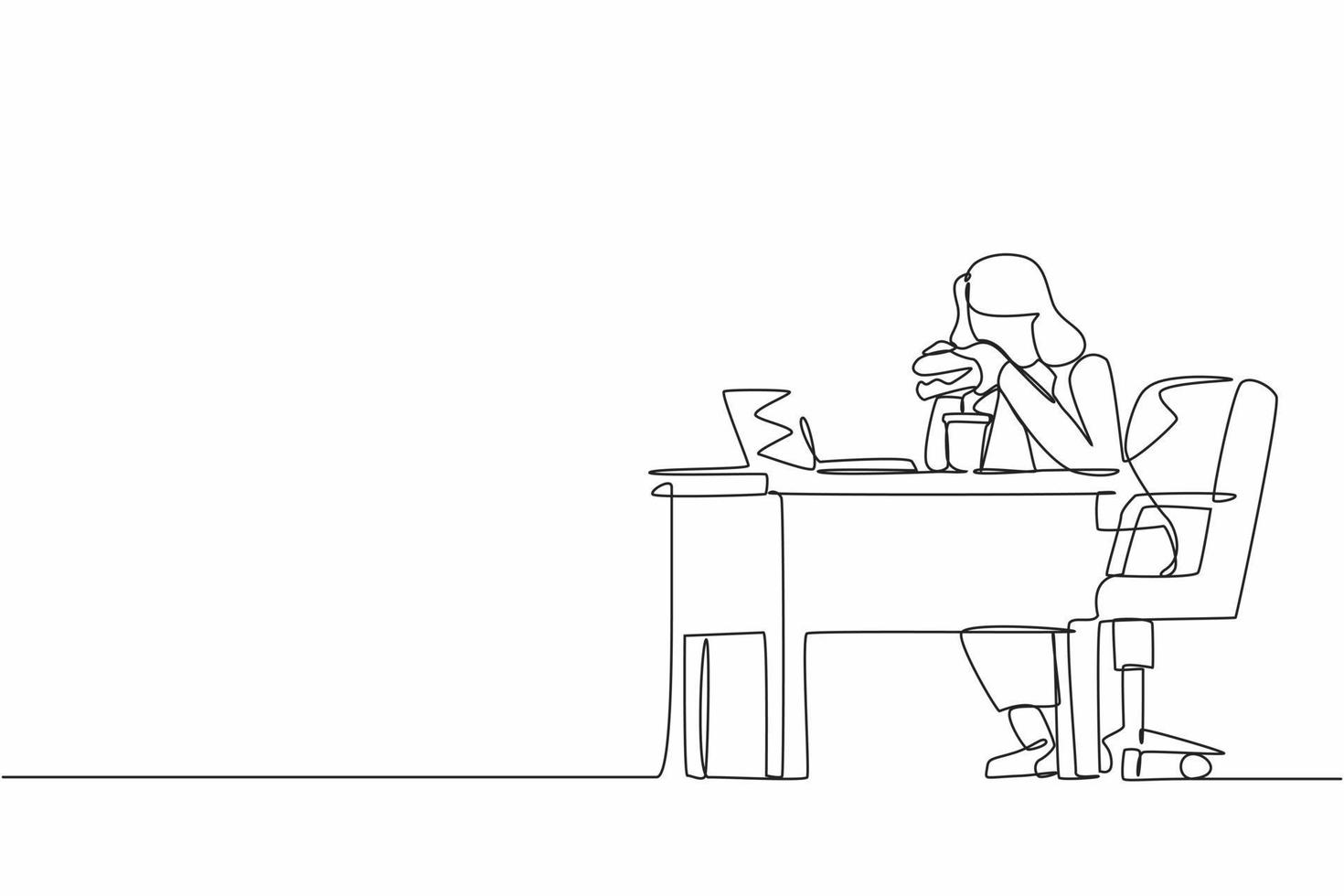 dessin continu d'une ligne grosse femme obèse à l'aide d'un ordinateur portable mangeant un hamburger restauration rapide concept de mode de vie malsain fille en surpoids pigiste assis sur toute la longueur du lieu de travail. vecteur de conception de dessin à une seule ligne