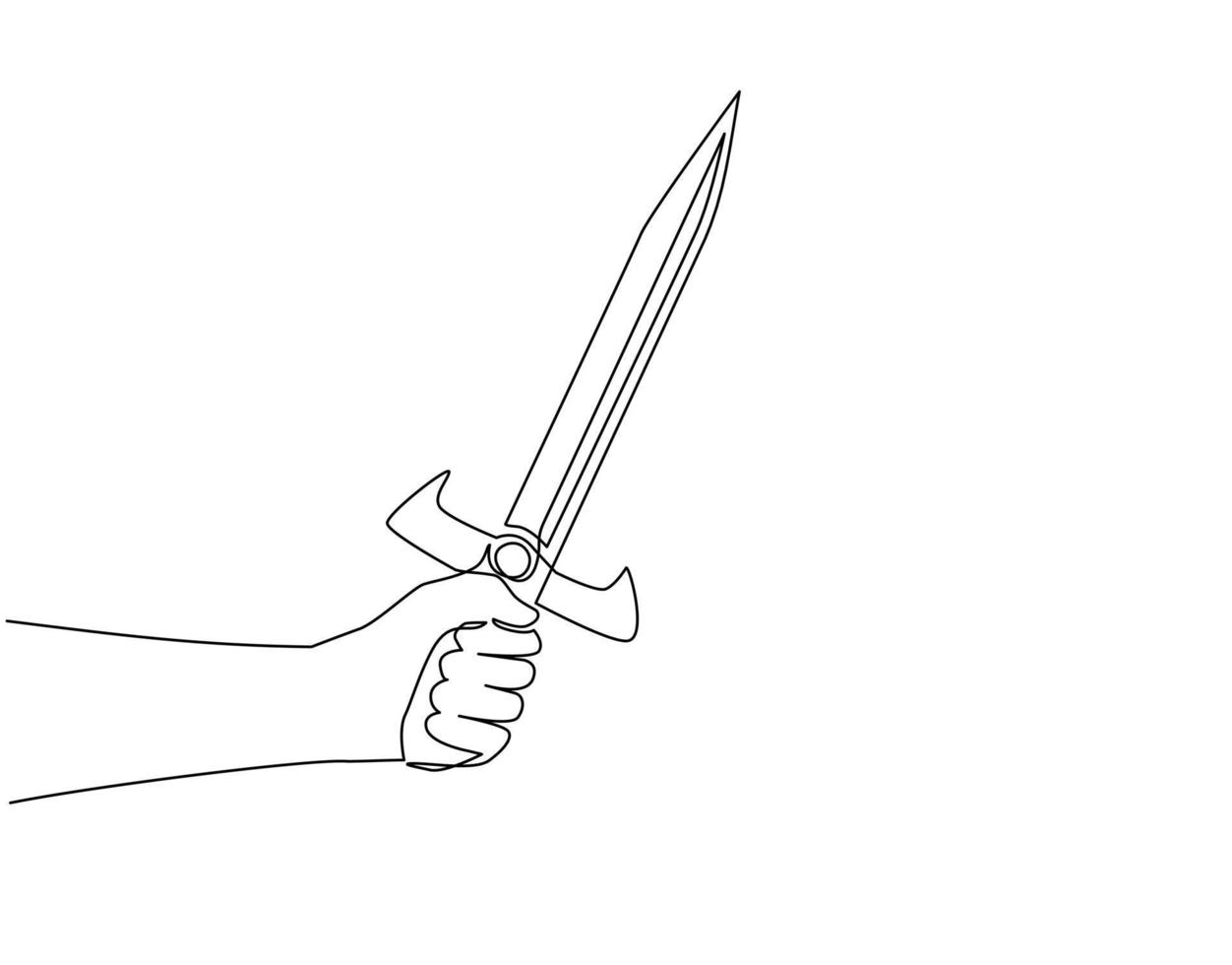 main d'homme dessinant une seule ligne continue tenant l'épée guerrier. main de guerrier avec épée. conception de la main des guerriers tenant une épée tranchante médiévale. dynamique une ligne dessiner illustration vectorielle de conception graphique vecteur