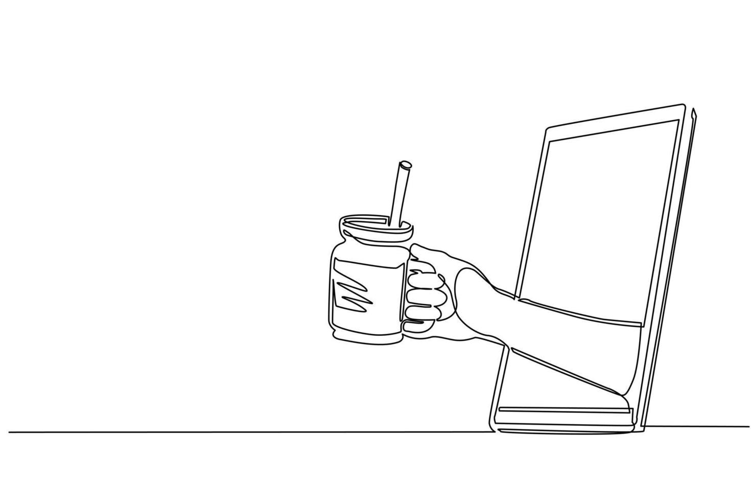 main de dessin en ligne continue unique tenant du jus de smoothie dans une tasse en verre avec de la paille via un téléphone portable. concept de café boisson commande livraison de nourriture en ligne. dynamique une ligne dessiner vecteur de conception graphique