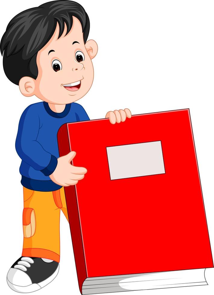 un petit garçon tenant un gros livre rouge vecteur