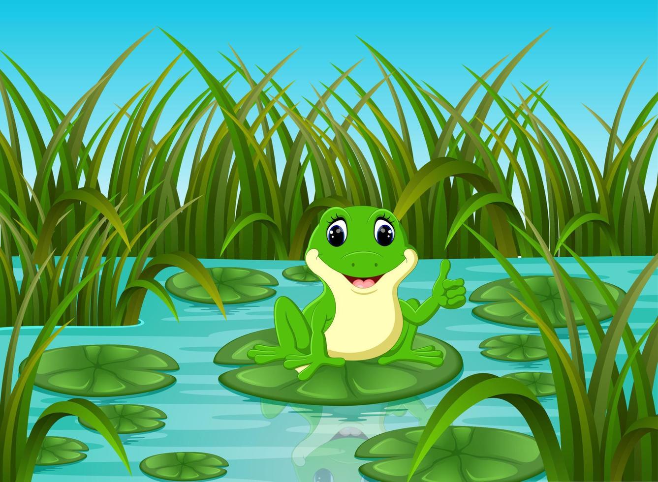 scène de rivière avec une grenouille heureuse sur une feuille vecteur