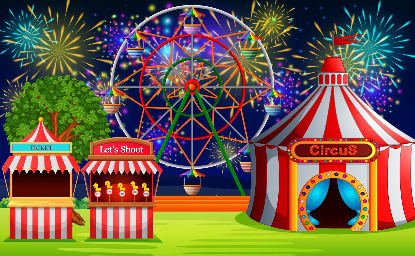 scène de parc d'attractions avec chapiteau de cirque et feu d'artifice vecteur