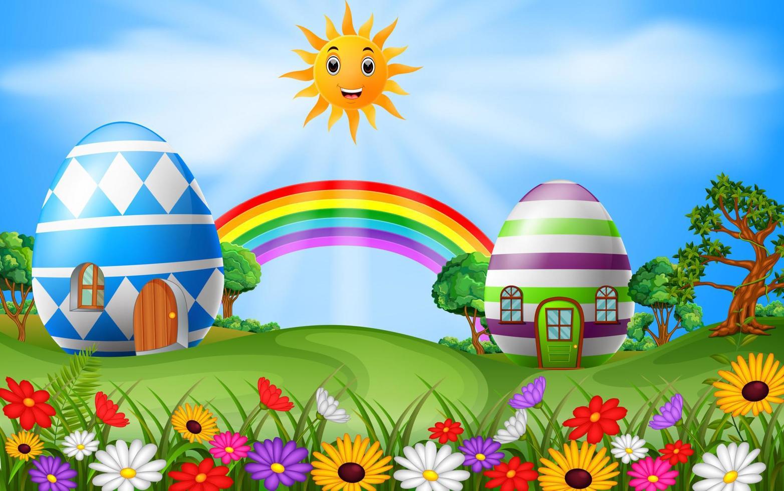 illustration de la maison des oeufs de pâques avec scène arc-en-ciel vecteur