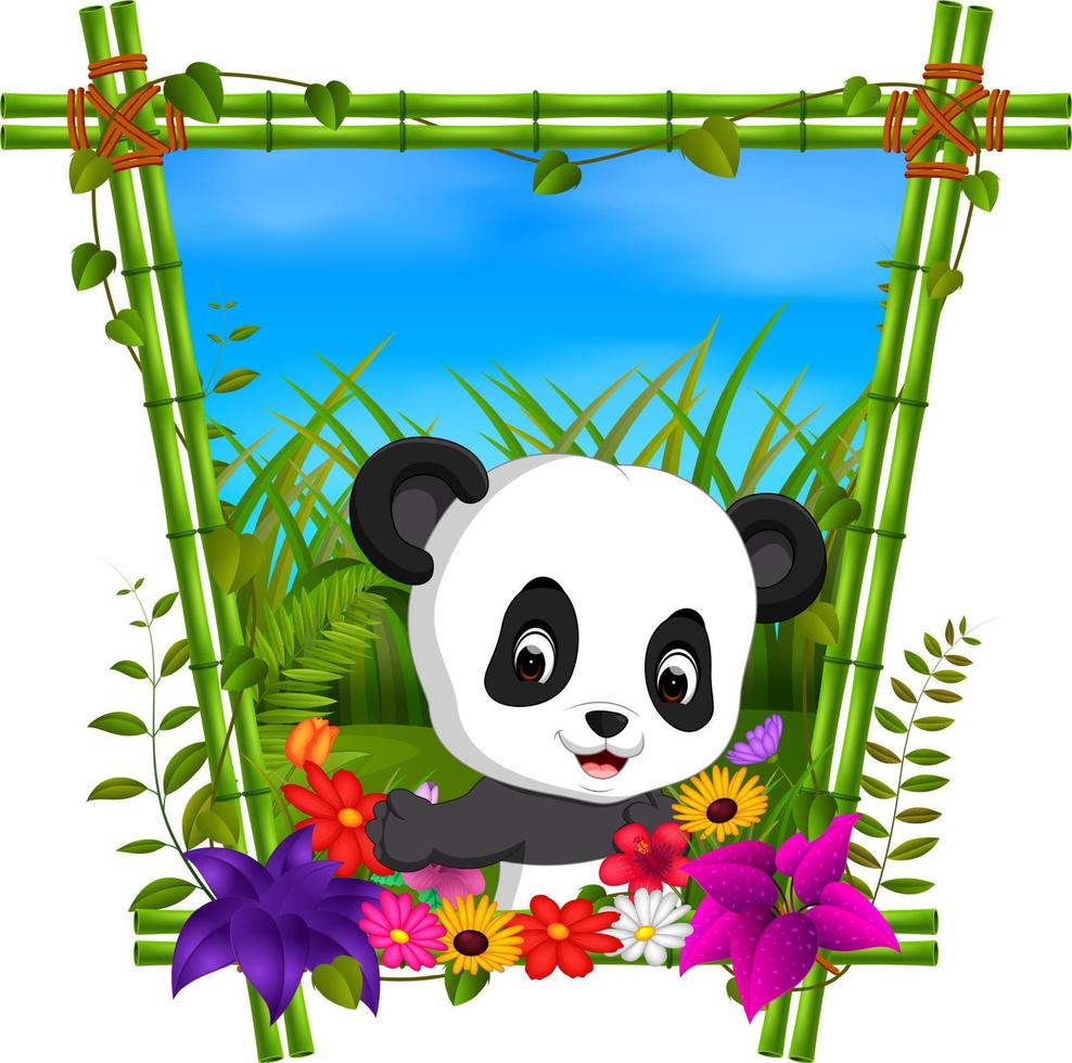 panda mignon dans un cadre en bambou avec une scène de fleurs vecteur