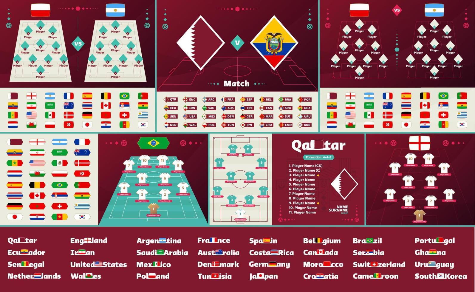 match de football contre ou ensemble de formation d'équipe. éliminatoires du football mondial 2022 vecteur