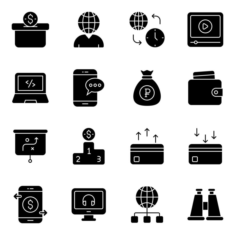 pack d'icônes solides d'affaires et de finances vecteur