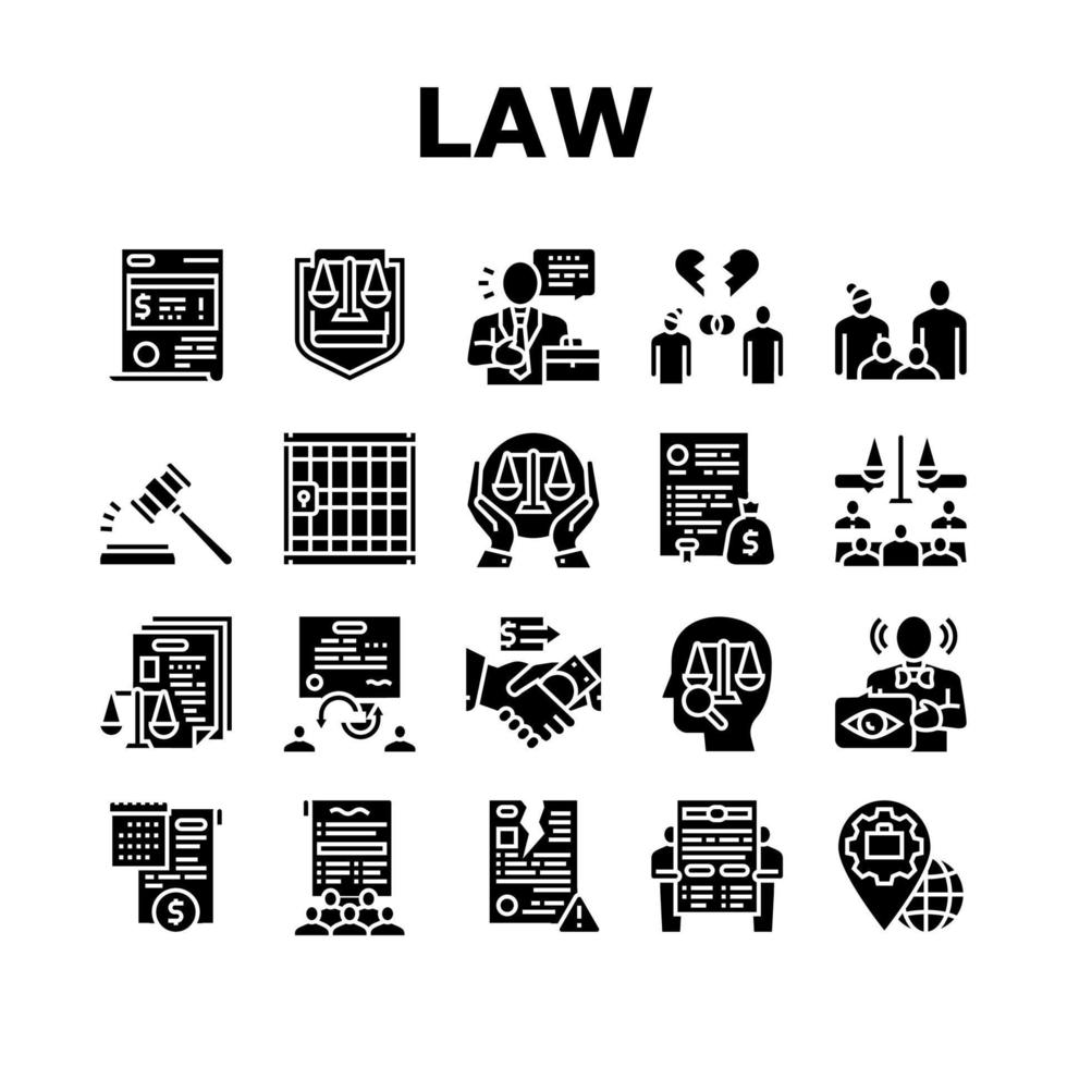 loi, justice, dictionnaire, collection, icônes, ensemble, vecteur