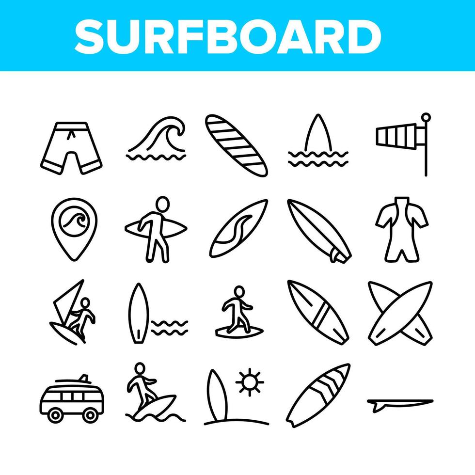 icônes d'éléments de collection de planche de surf set vector