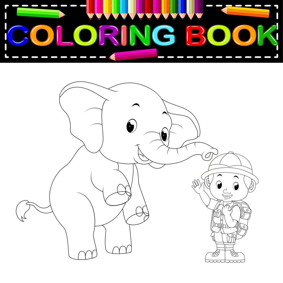 livre de coloriage gardien de zoo et éléphant vecteur