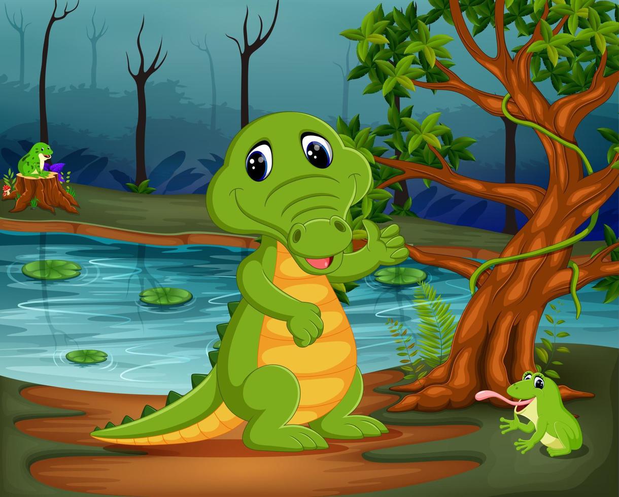 crocodile et grenouille dans la jungle avec scène de lac vecteur