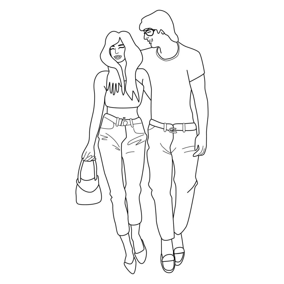 couple marchant dans un style linéaire. coloriage. homme et femme marchant ensemble les bras l'un autour de l'autre. promenade de rendez-vous romantique. vecteur