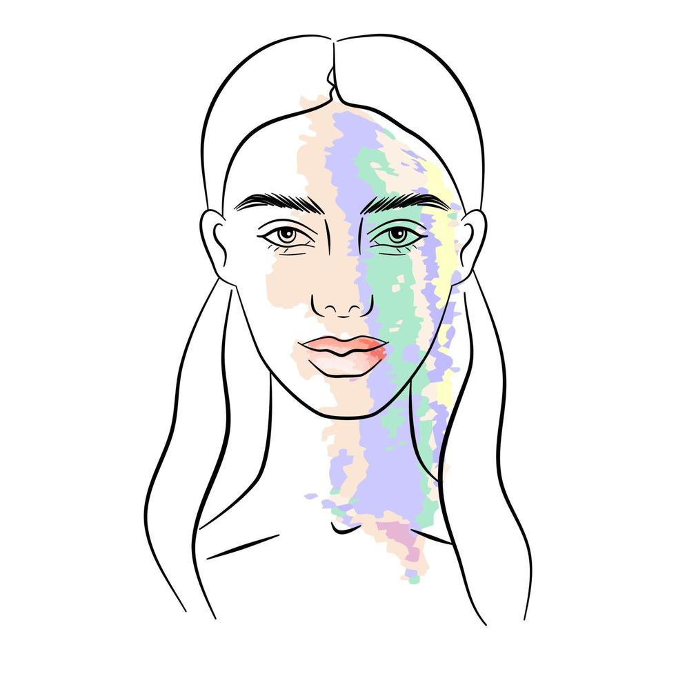 portrait de dame élégante dans un style linéaire avec des caractéristiques colorées pastel. visage féminin détaillé avec des éléments abstraits. avatar pour les réseaux sociaux. vecteur