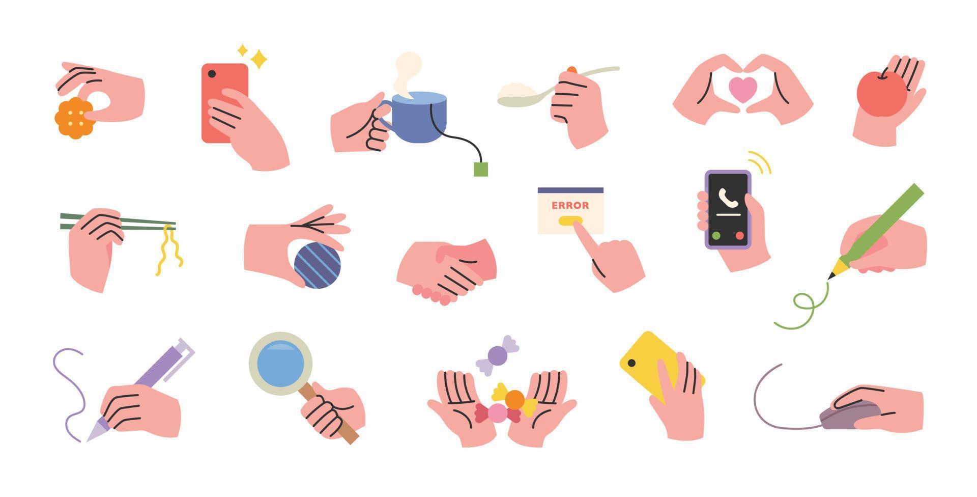 collection de gestes de la main liés à diverses vies quotidiennes. illustration vectorielle de style design plat. vecteur