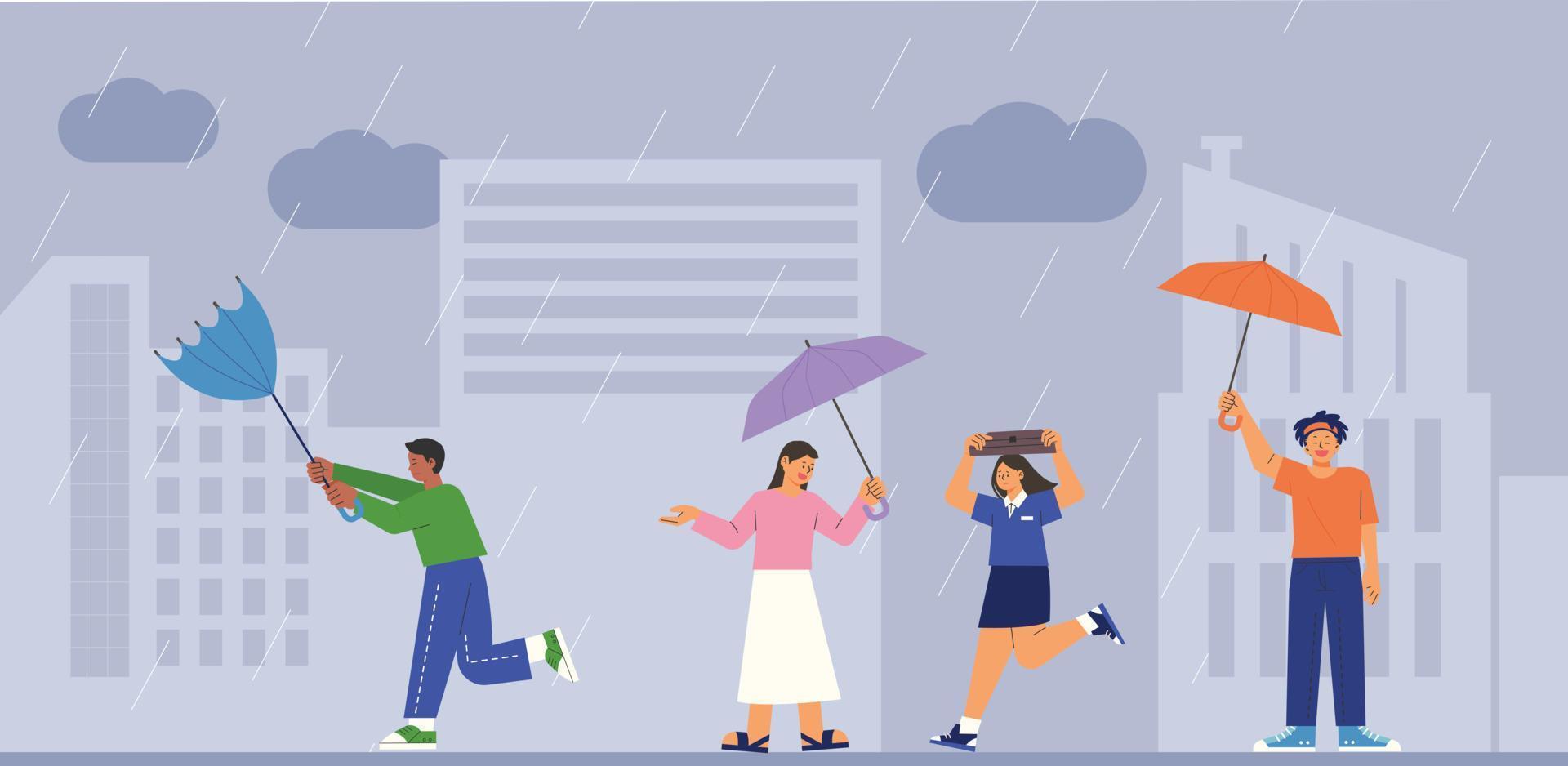les gens dans la rue un jour de pluie. une personne qui court sans parapluie. une personne avec un parapluie soufflant dans le vent. vecteur