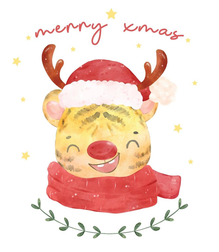 joli sourire heureux bébé tigre avec bois de renne en écharpe tricotée rouge aquarelle, joyeux noël, peinture de dessin animé de pépinière d'animaux des bois vecteur