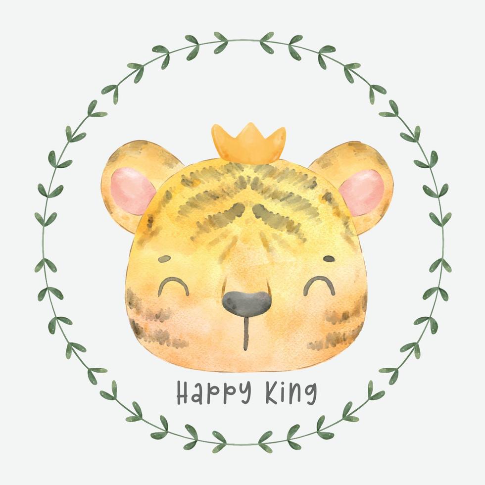 mignon sourire heureux tigre roi tête en feuilles vertes couronne aquarelle pépinière animal dessin à la main vecteur