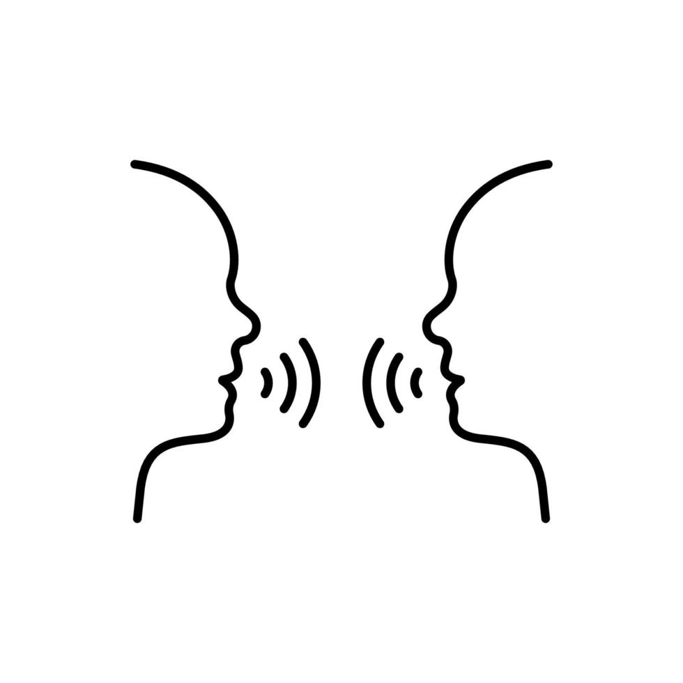 icône de ligne de conversation de deux hommes. les gens font face à la tête de profil parlent pictogramme linéaire. icône de contour de discours de conversation de personne. débat communicatif. trait modifiable. illustration vectorielle isolée. vecteur