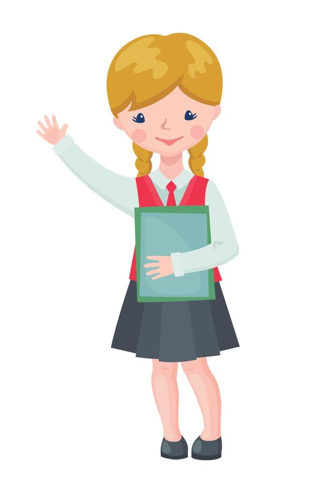 mignon personnage d'écolière avec des livres isolés sur fond blanc. élève heureux en uniforme scolaire. notion d'éducation. illustration vectorielle. vecteur