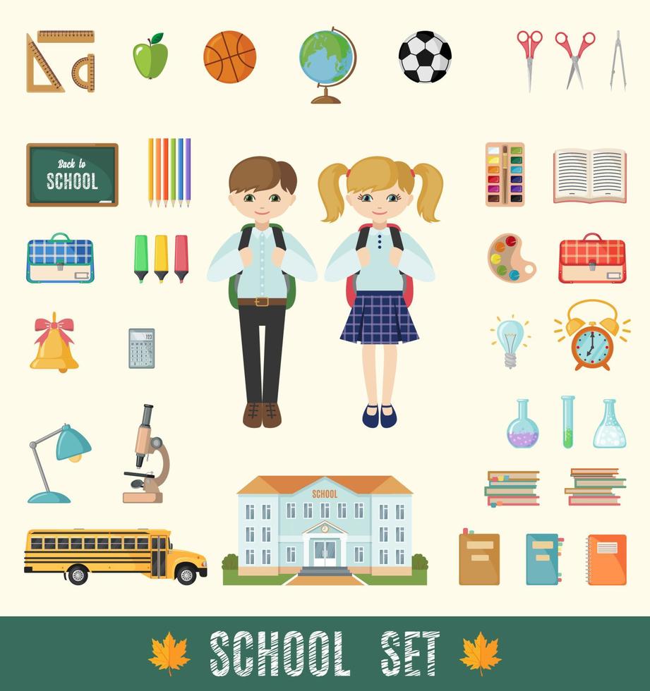 ensemble d'icônes de l'école dans un style plat. sélection de diverses fournitures scolaires individuelles. illustration vectorielle vecteur