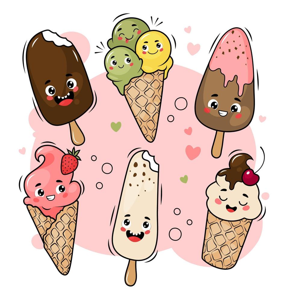 glace de dessin animé mignon avec un visage heureux, collection vectorielle vecteur