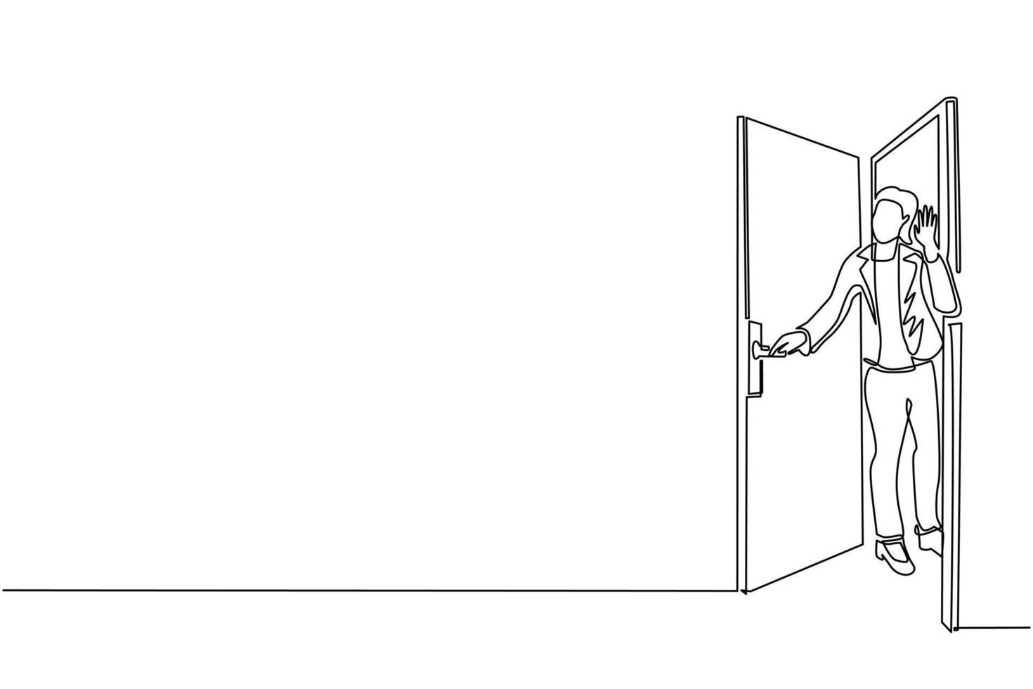 une seule ligne dessinant une femme d'affaires regardant par derrière la porte ouverte. femme furtivement de la porte et agiter les mains. joyeuse femme debout dans l'embrasure de la porte. illustration vectorielle graphique de conception de dessin en ligne continue vecteur