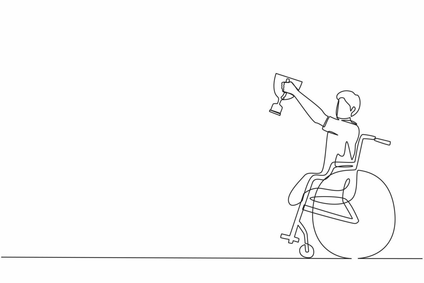 une ligne continue dessinant un sportif heureux en fauteuil roulant tenant le vainqueur du trophée de la coupe d'or. rétablissement de la personne. compétition de jeu, entraînement sportif, défi. graphique vectoriel de conception de dessin à une seule ligne