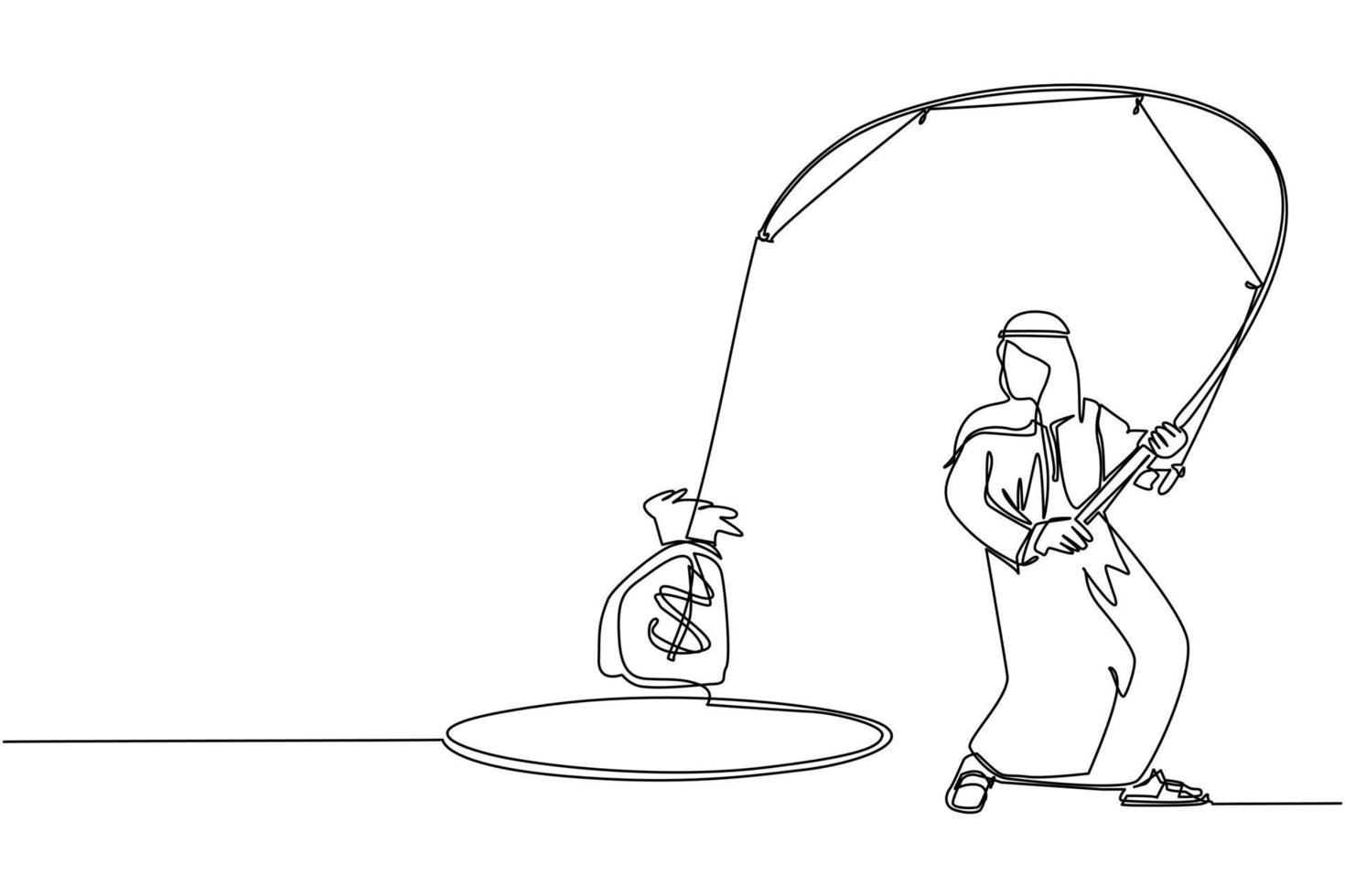 dessin en ligne continue unique un homme d'affaires arabe tenant une canne à pêche a obtenu un gros sac d'argent du trou. homme attrapant un sac d'argent avec une canne à pêche. notion d'entreprise. une ligne dessiner illustration vectorielle de conception vecteur