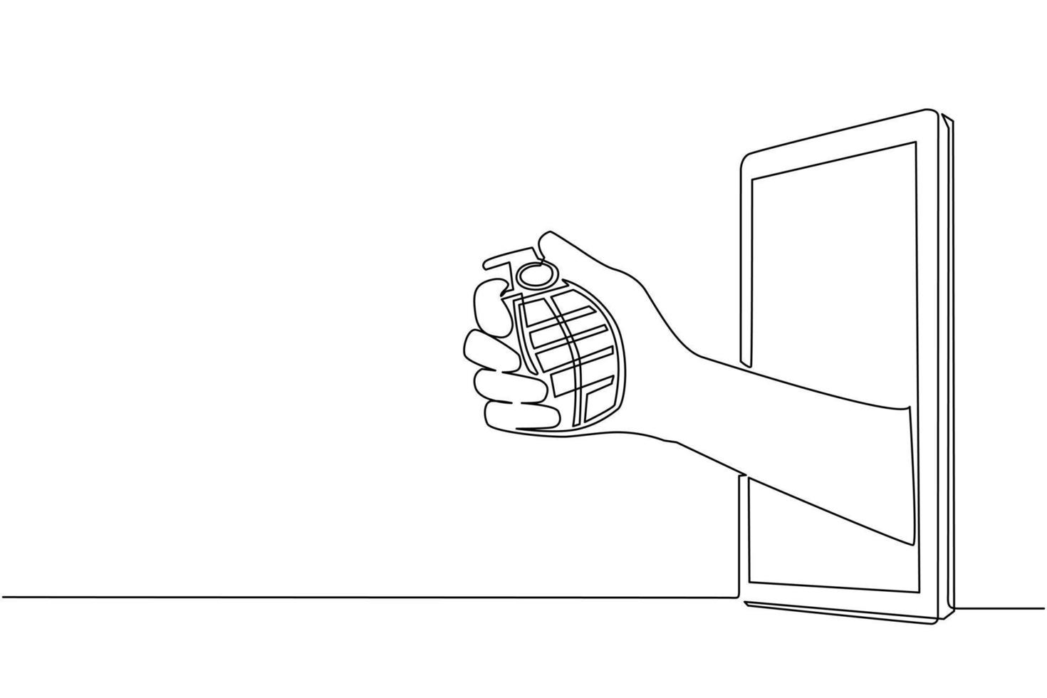 une ligne continue dessinant une main tenant une grenade via un téléphone portable. concept de jeux vidéo de guerre, e-sport, application de divertissement pour smartphones. illustration vectorielle de dessin à une seule ligne vecteur