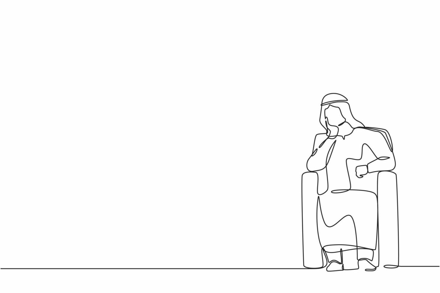 une ligne continue dessinant un homme d'affaires arabe assis sur un canapé dans le salon, se sentant stressé, seul. un travailleur anxieux s'assoit sur un canapé, pleure, se sent frustré, déprimé, souffre. vecteur de conception à une seule ligne