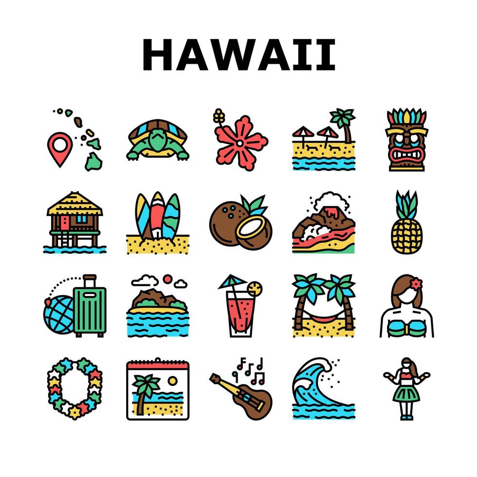 hawaï, île, station vacances, icônes, ensemble, vecteur