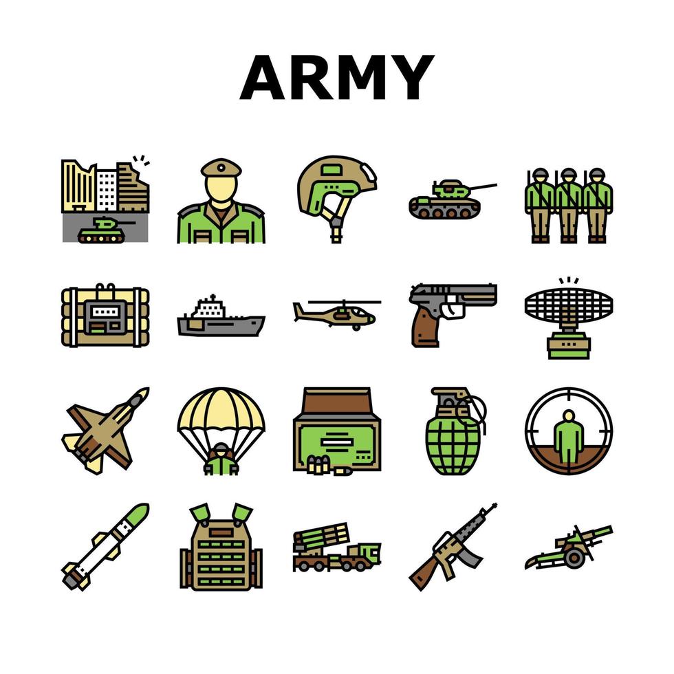 soldat de l'armée et les icônes des techniques de guerre définissent le vecteur