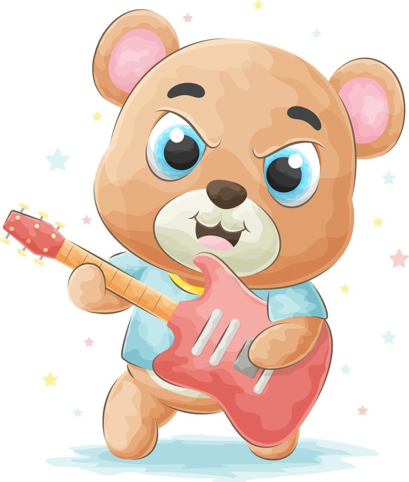 mignon doodle ours jouant de la guitare avec illustration aquarelle vecteur