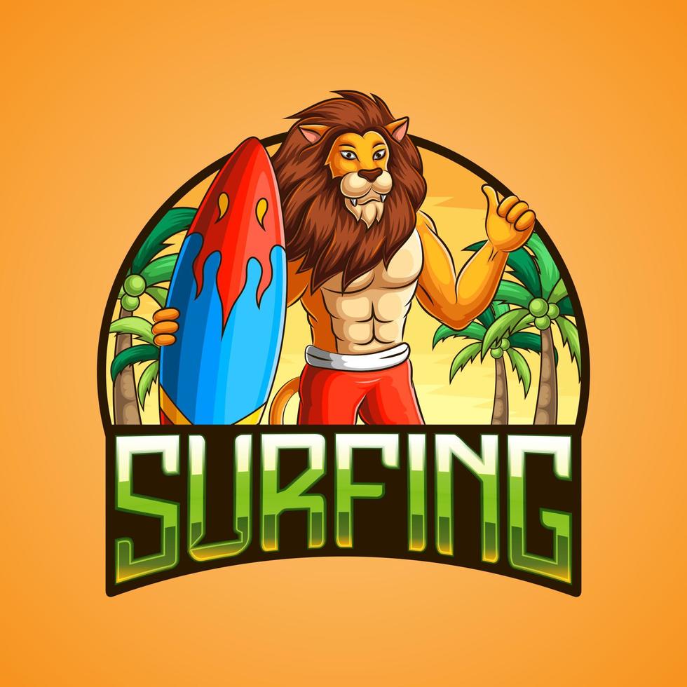 mascotte de lion portant une planche de surf avec un fond de plage vecteur