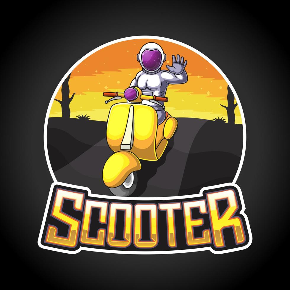 mascotte logo astronaute conduisant un scooter jaune vecteur