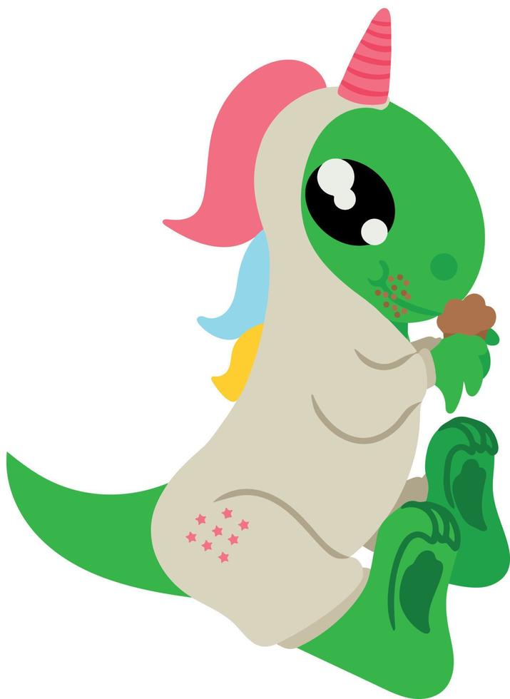 adorable dinosaure habillé en costume de licorne mange un cupcake. illustration vectorielle isolée sur fond blanc. élément de conception pour la décoration de cartes postales de sites Web de vêtements vecteur