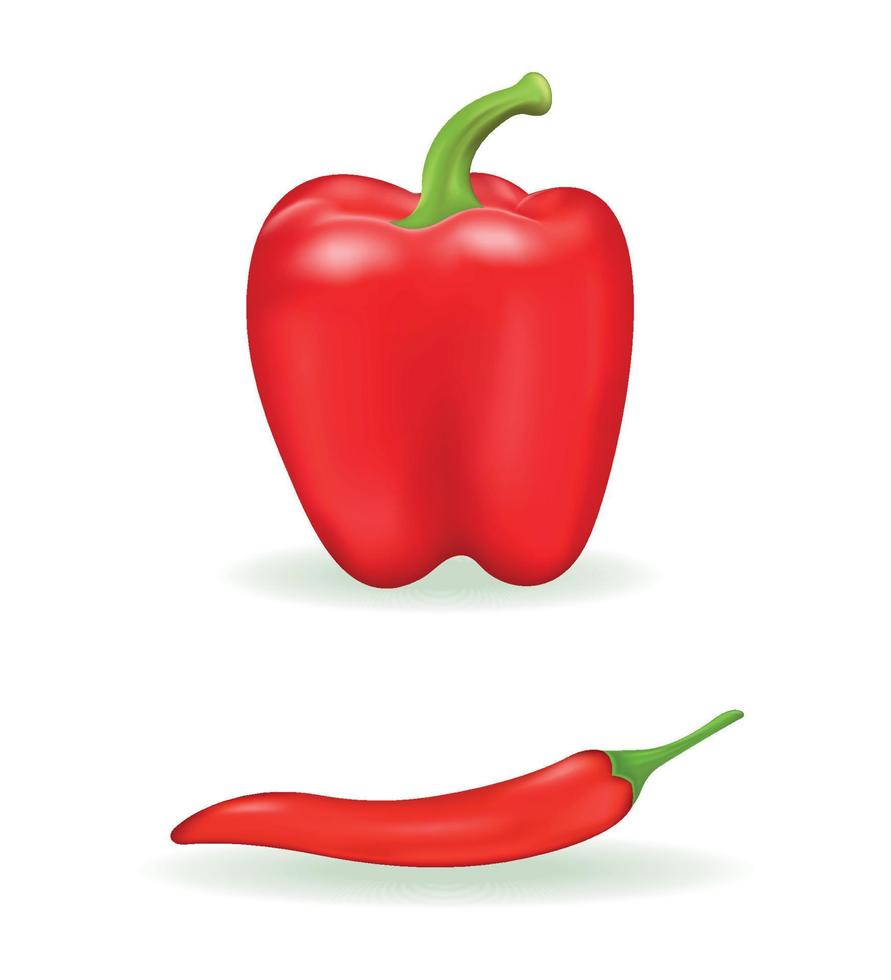 paprika et piment. ensemble de poivron rouge réaliste isolé sur fond blanc. légumes, aliments frais sains. vecteur 3d