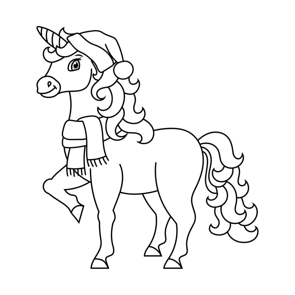 licorne mignonne. cheval de fée magique. page de livre de coloriage pour les enfants. thème de noël. style bande dessinée. illustration vectorielle isolée sur fond blanc. vecteur