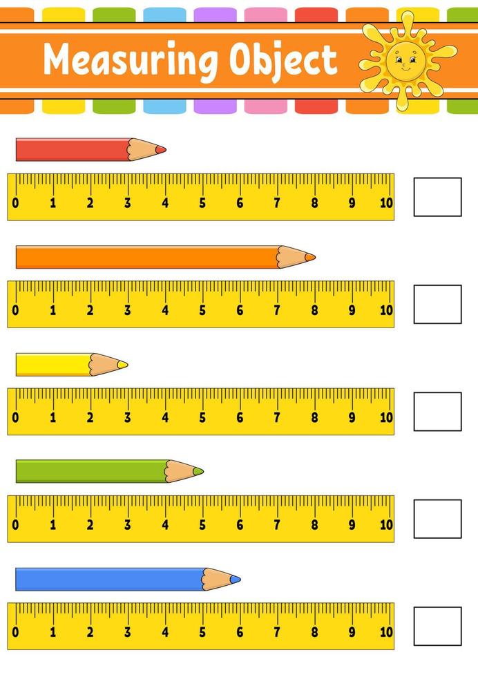 objet de mesure avec règle. feuille de travail de développement de l'éducation. jeu pour les enfants. page d'activité en couleur. casse-tête pour les enfants. personnage mignon. illustration vectorielle. style bande dessinée. vecteur