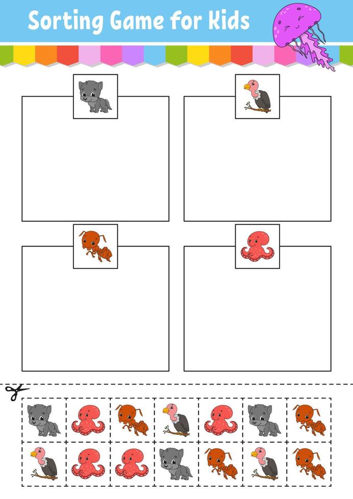 jeu de tri pour les enfants. couper et coller. feuille de travail de développement de l'éducation. jeu d'association pour les enfants. page d'activité en couleur. casse-tête pour les enfants. personnage mignon. illustration vectorielle. style bande dessinée. vecteur