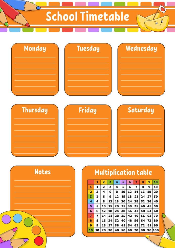 calendrier scolaire avec table de multiplication. pour l'éducation des enfants. isolé sur fond blanc. avec un personnage de dessin animé mignon. vecteur