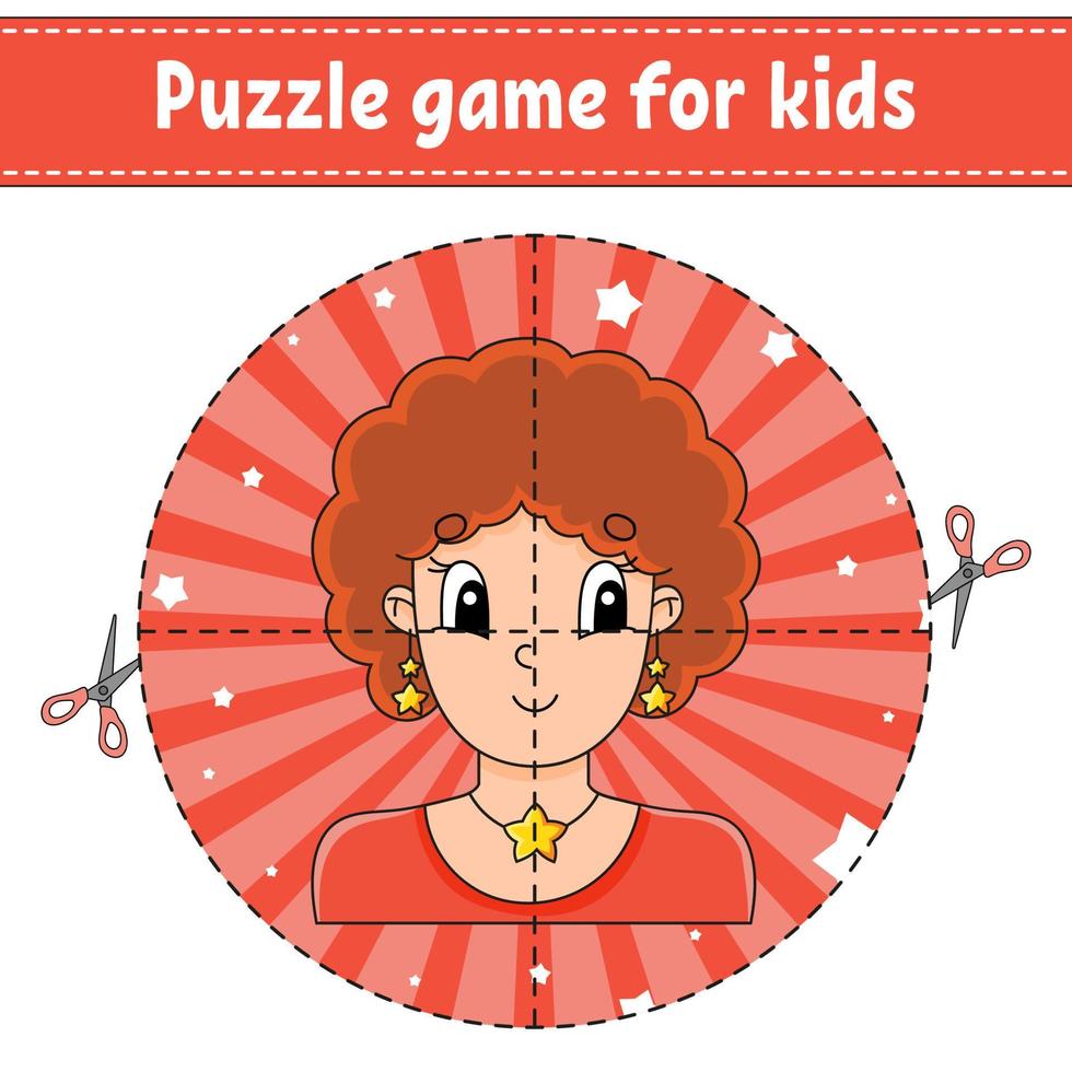 couper et jouer. casse-tête rond. puzzle logique pour les enfants. page d'activité. pratique de coupe pour le préscolaire. personnage de dessin animé. vecteur
