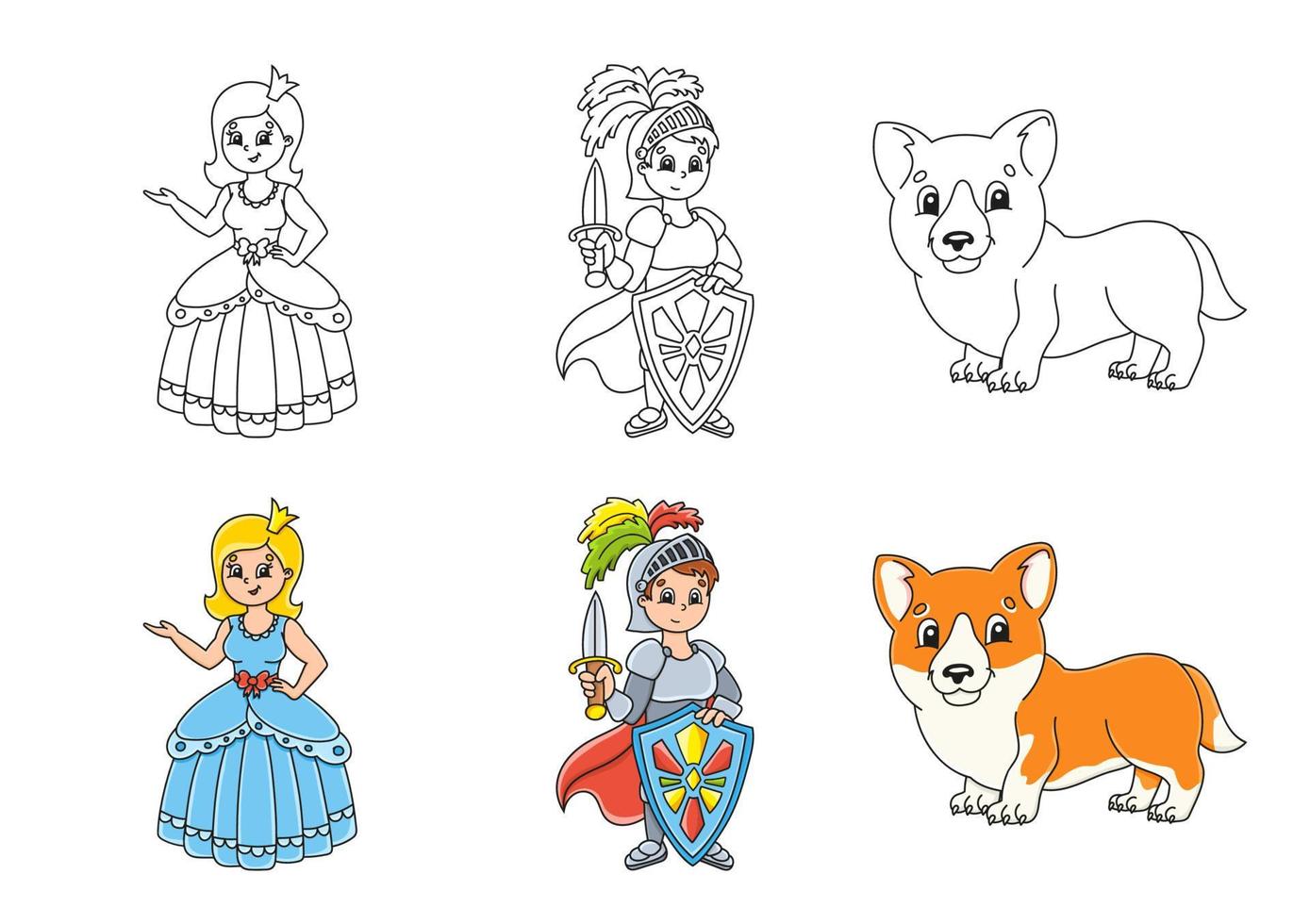 définir la page de coloriage pour les enfants. thème de conte de fées. personnages de dessins animés mignons. trait noir. avec échantillon. illustration vectorielle. vecteur