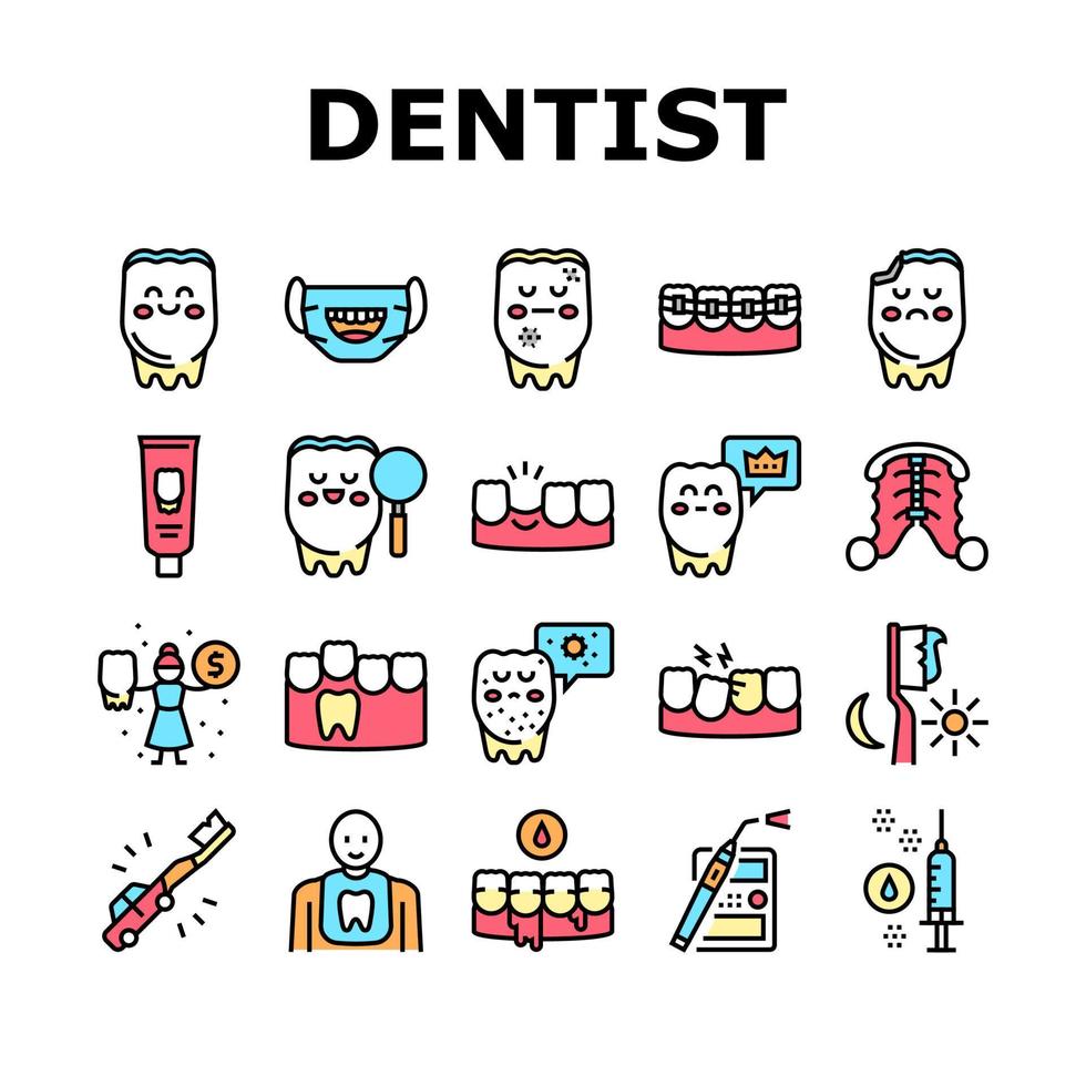 enfants, dentiste, soins dentaires, icônes, ensemble, vecteur