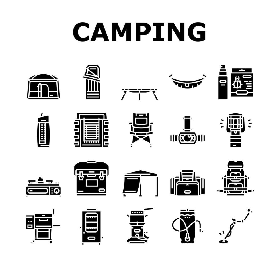 matériel de camping et accessoires icônes ensemble vecteur