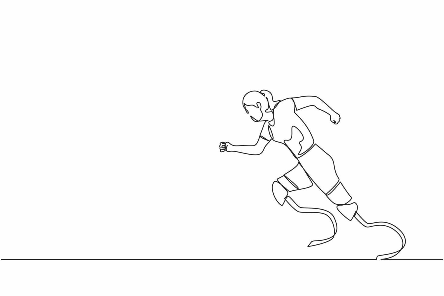 dessin continu d'une ligne un athlète handicapé court sur des prothèses. le handicap féminin court. sportive handicapée avec pied amputé. sport handicapé, championnat, jeu. vecteur de conception graphique à une seule ligne