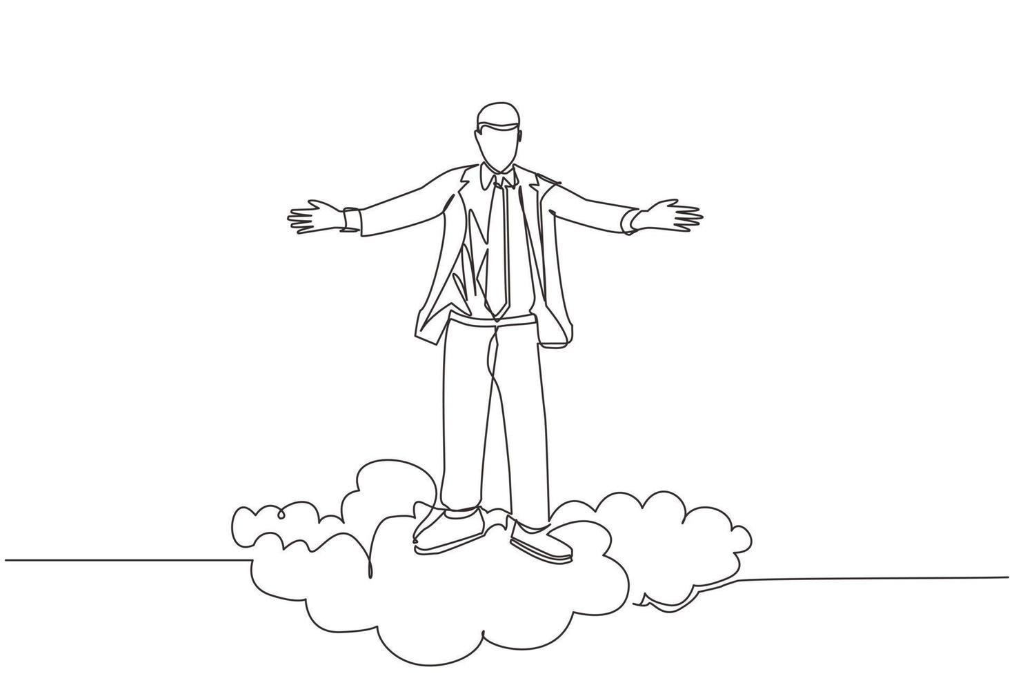 une seule ligne dessinant un homme d'affaires heureux au sommet d'un nuage avec les mains levées. concept d'entreprise réussi. liberté financière, bonheur, paisible. illustration vectorielle graphique de conception de ligne continue vecteur