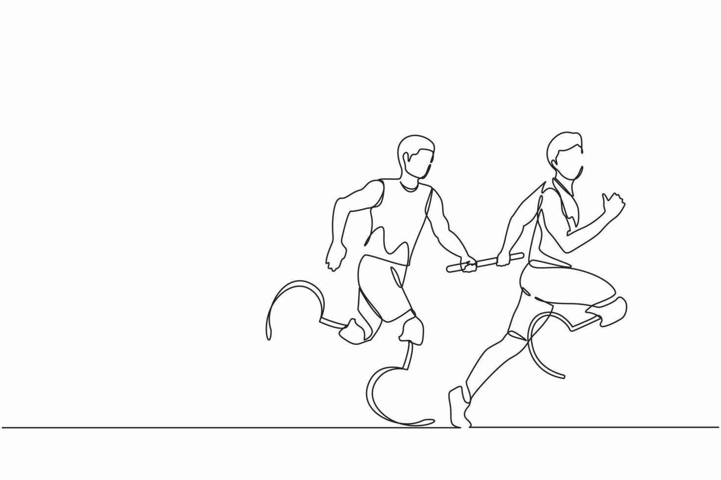 une ligne continue dessinant deux coureurs handicapés avec une jambe prothétique, des hommes handicapés, des athlètes amputés, des amputés courant dans une course de relais remettant le relais. graphique vectoriel de conception de dessin à une seule ligne