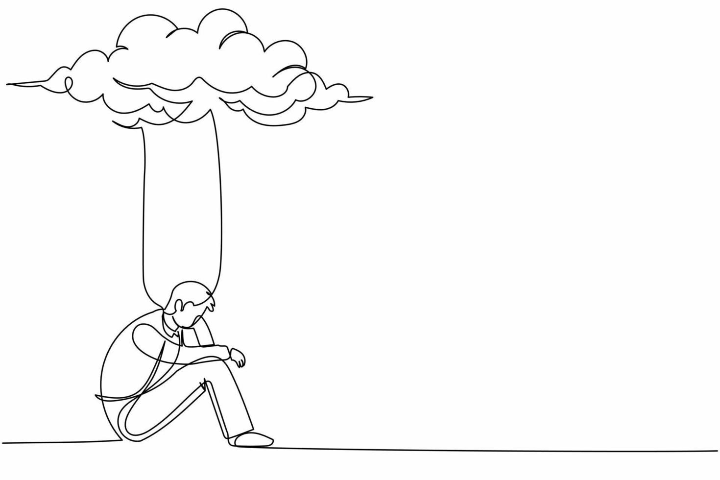 dessin en ligne continue unique homme d'affaires déprimé se sentant triste. assis sous la pluie et les nuages. solitude masculine malheureuse, stress avec problème commercial. une ligne dessiner illustration vectorielle de conception graphique vecteur