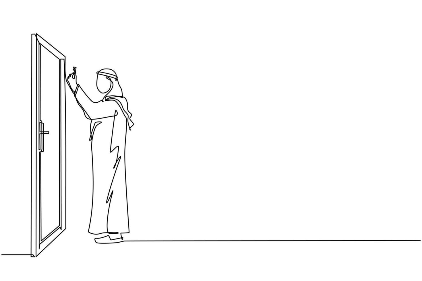 dessin continu d'une ligne un homme d'affaires arabe lève la clé devant la porte. homme tenant la clé pour ouvrir la porte du bureau. commencer le matin avec l'esprit de travailler. illustration vectorielle de dessin à une seule ligne vecteur